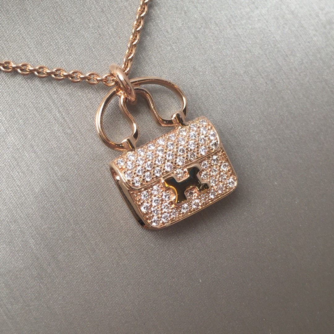 全新爱马仕constance玫瑰金满钻康康款项链