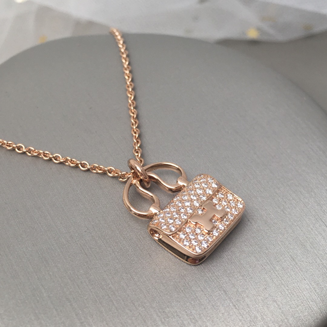 全新爱马仕constance玫瑰金满钻康康款项链