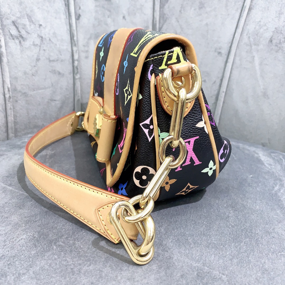 lv村上隆黑三彩蝴蝶结手拎包单肩包