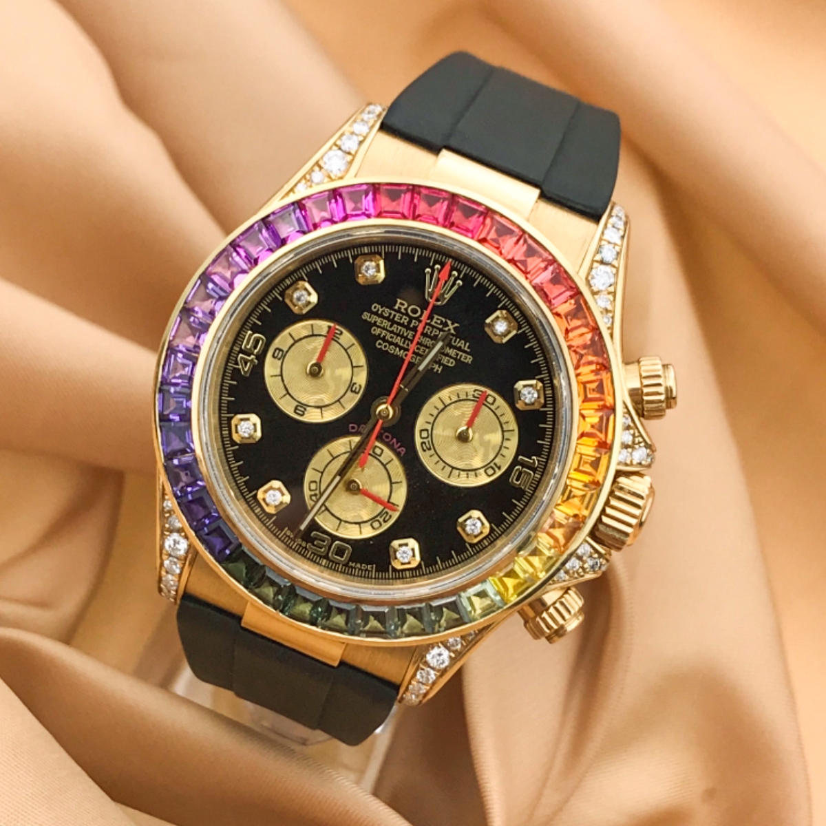 劳力士迪通拿116518后加彩虹钻,18k黄金,95新单表