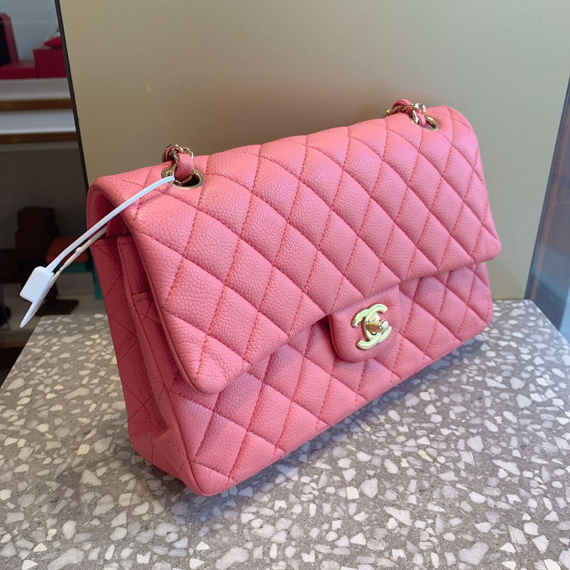 98新 chanel香奈儿 中号粉金扣菱格cf 单肩斜挎链条包