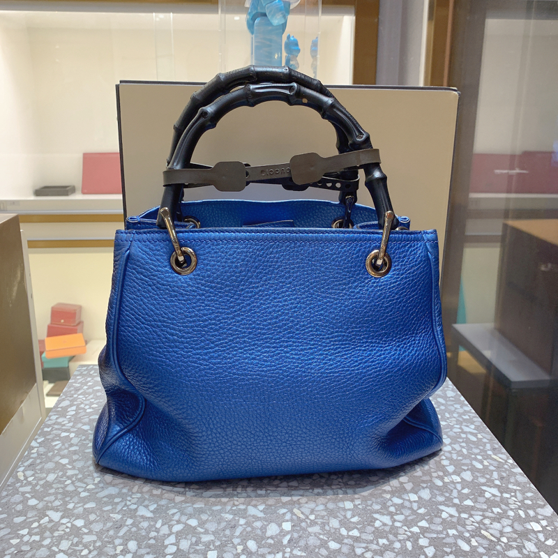 97新gucci古驰蓝色牛皮竹节柄手提包