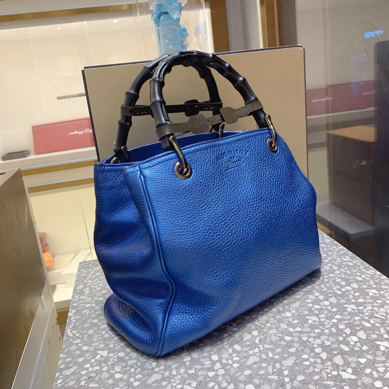 97新gucci古驰蓝色牛皮竹节柄手提包