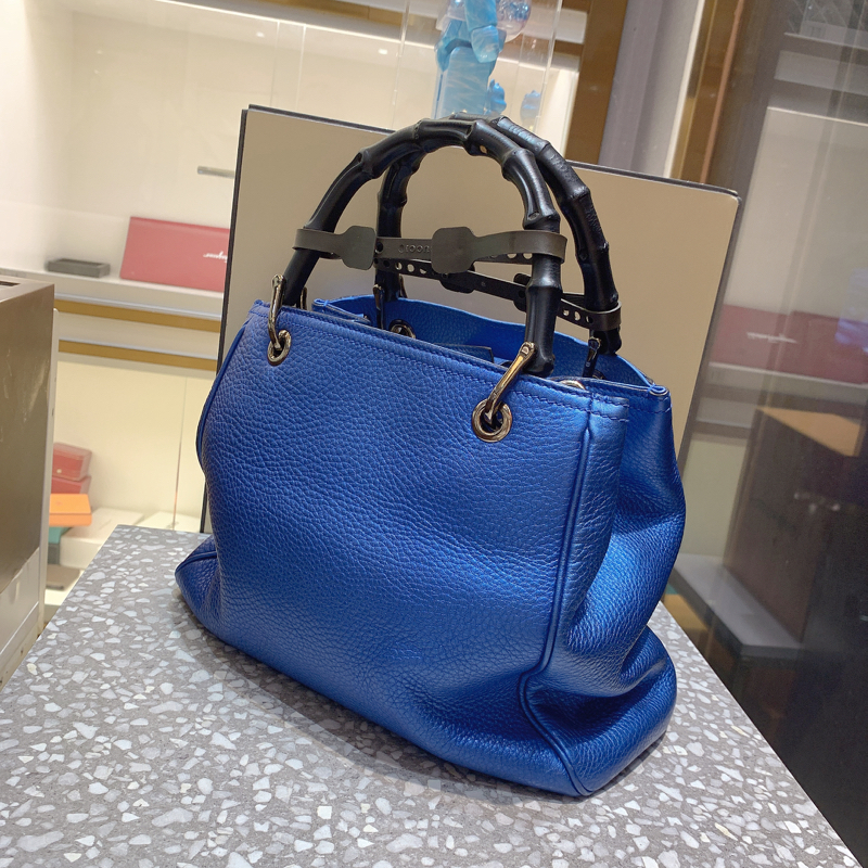 97新gucci古驰蓝色牛皮竹节柄手提包